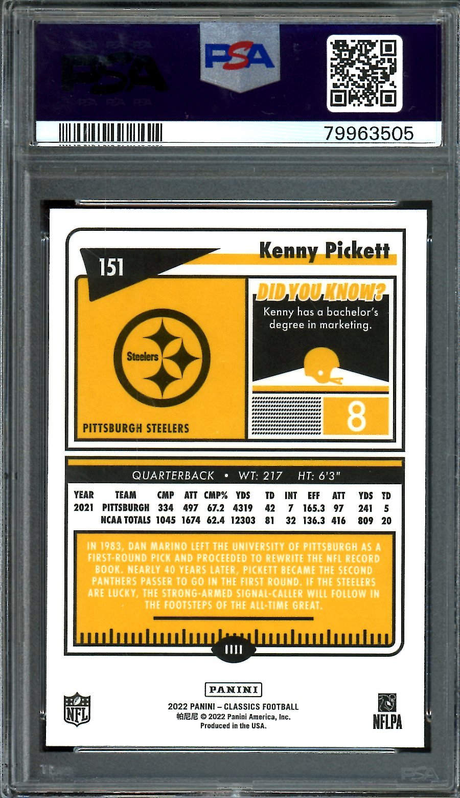 2022 Panini Classics Kenny Pickett Rookie Silver PSA 9 Steelers