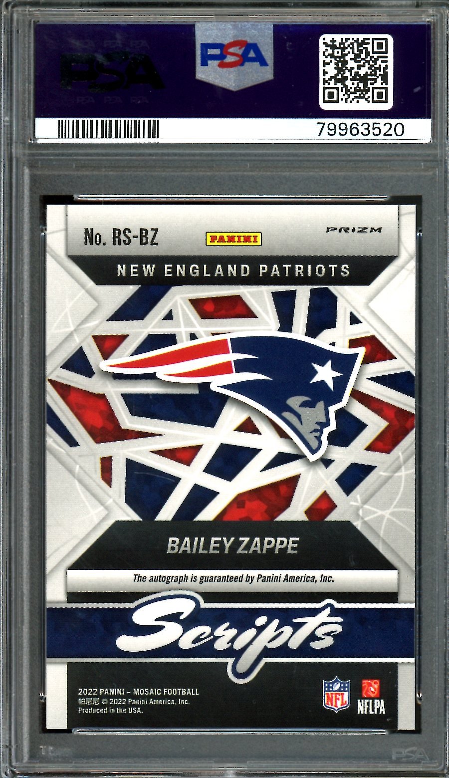 2022 Panini Mosaic Bailey Zappe Rookie Scripts Auto PSA 9 Patriots