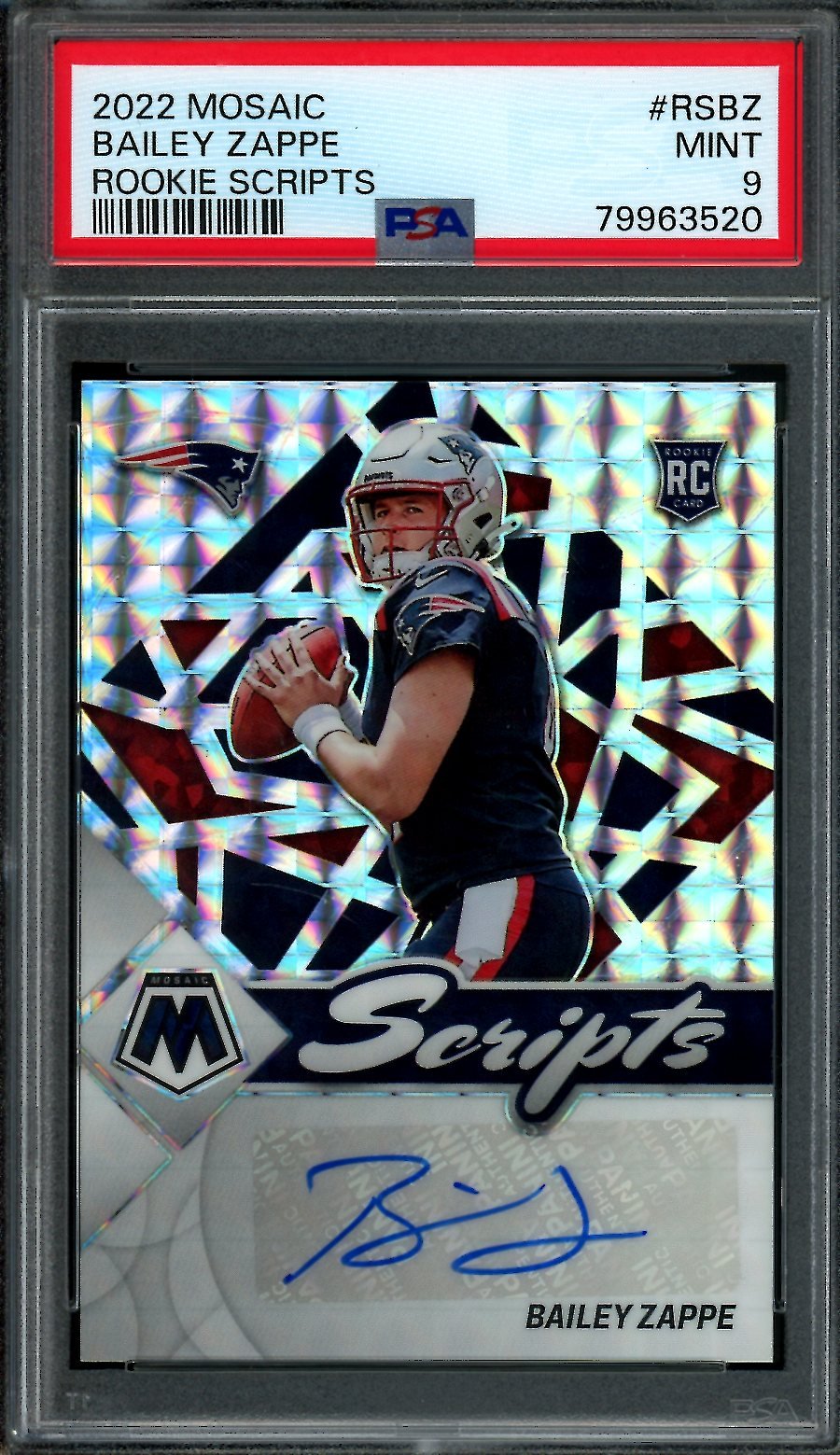 2022 Panini Mosaic Bailey Zappe Rookie Scripts Auto PSA 9 Patriots