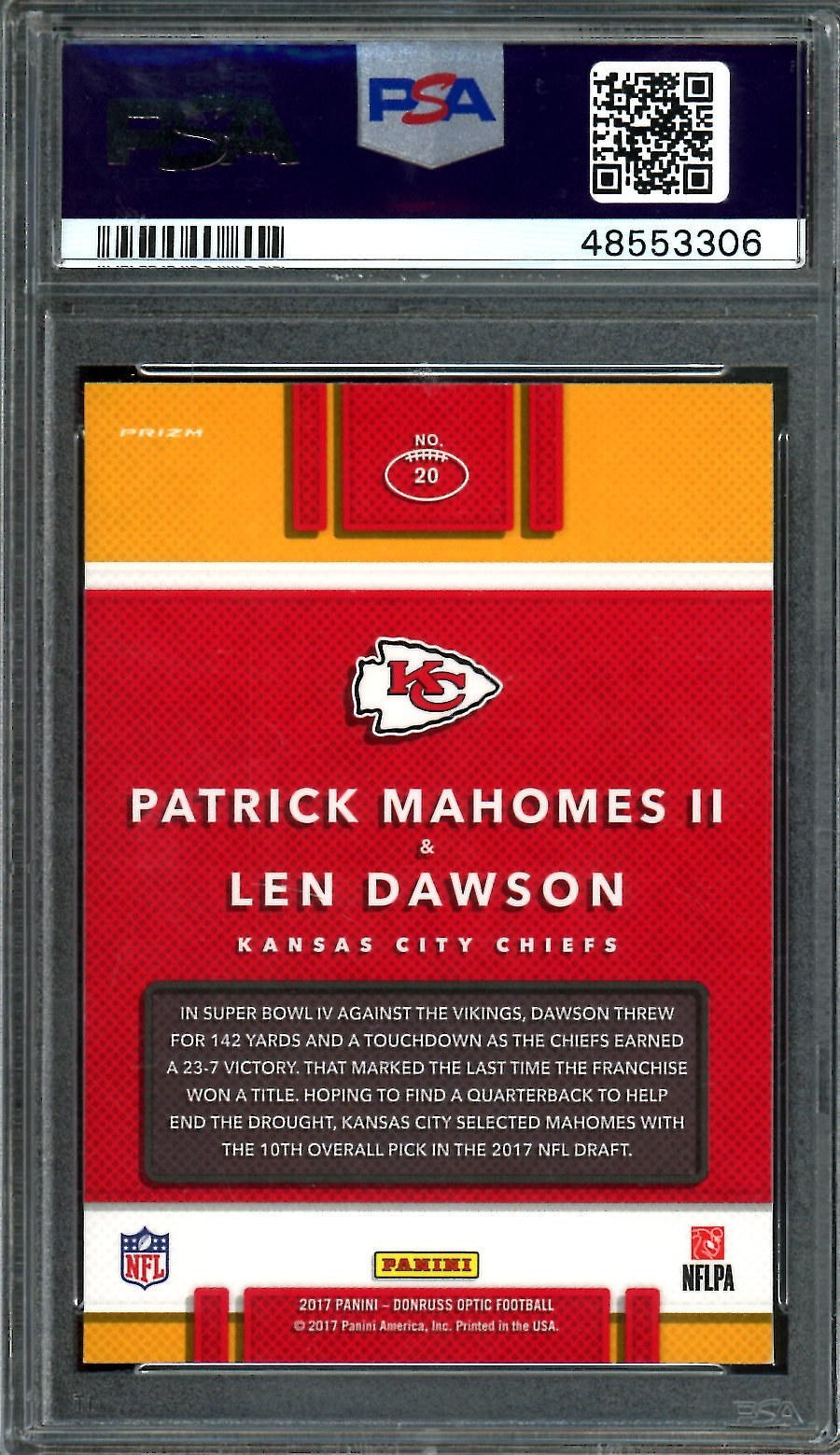 2017 Panini Optic Patrick Mahomes II/Len Dawson Rookie Illusions PSA 9 Chiefs