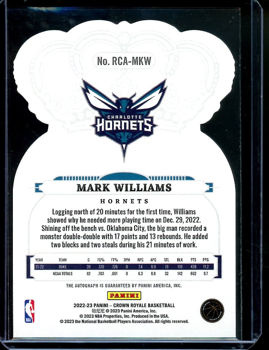 2022/23 Panini Crown Royale Mark Williams Rookie Auto Pink /49 Hornets