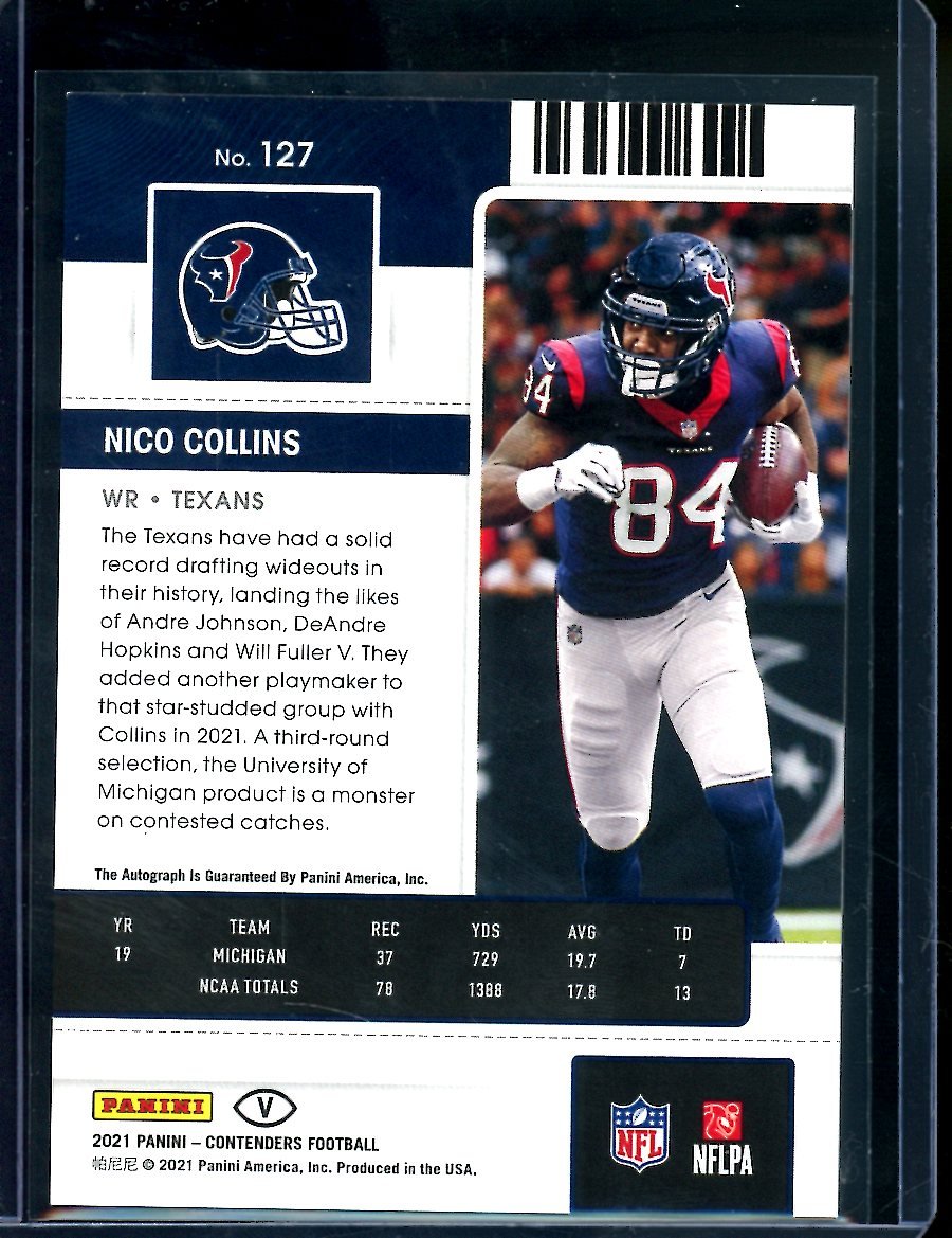 2021 Panini Contenders Nico Collins Rookie Ticket Auto /23 Texans