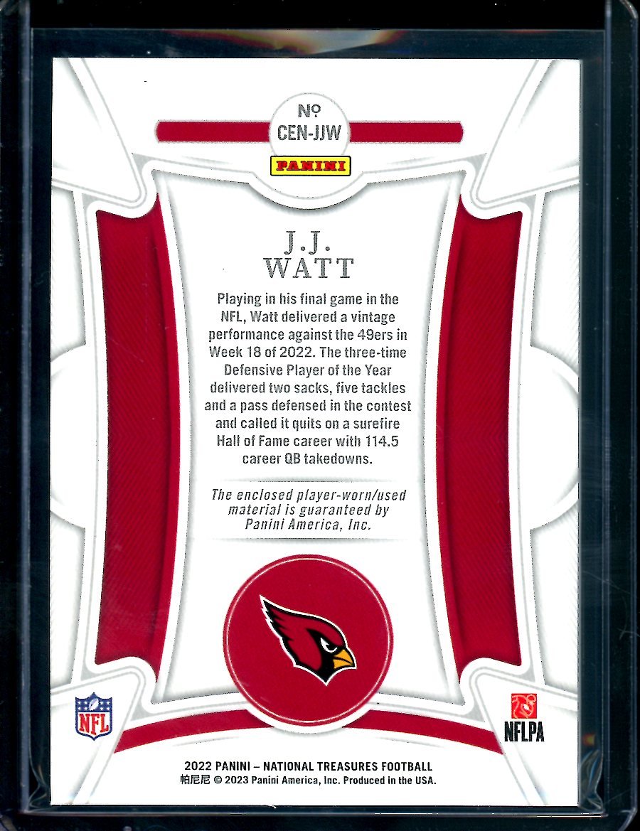 2022 Panini National Treasures J.J. Watt Century Materials Patch Holo Silver /25 Cardinals