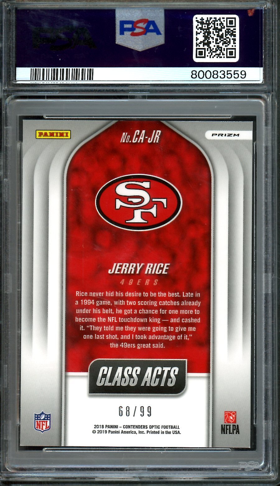 2018 Panini Contenders Optic Jerry Rice Class Acts Purple /99 PSA 9 49ers
