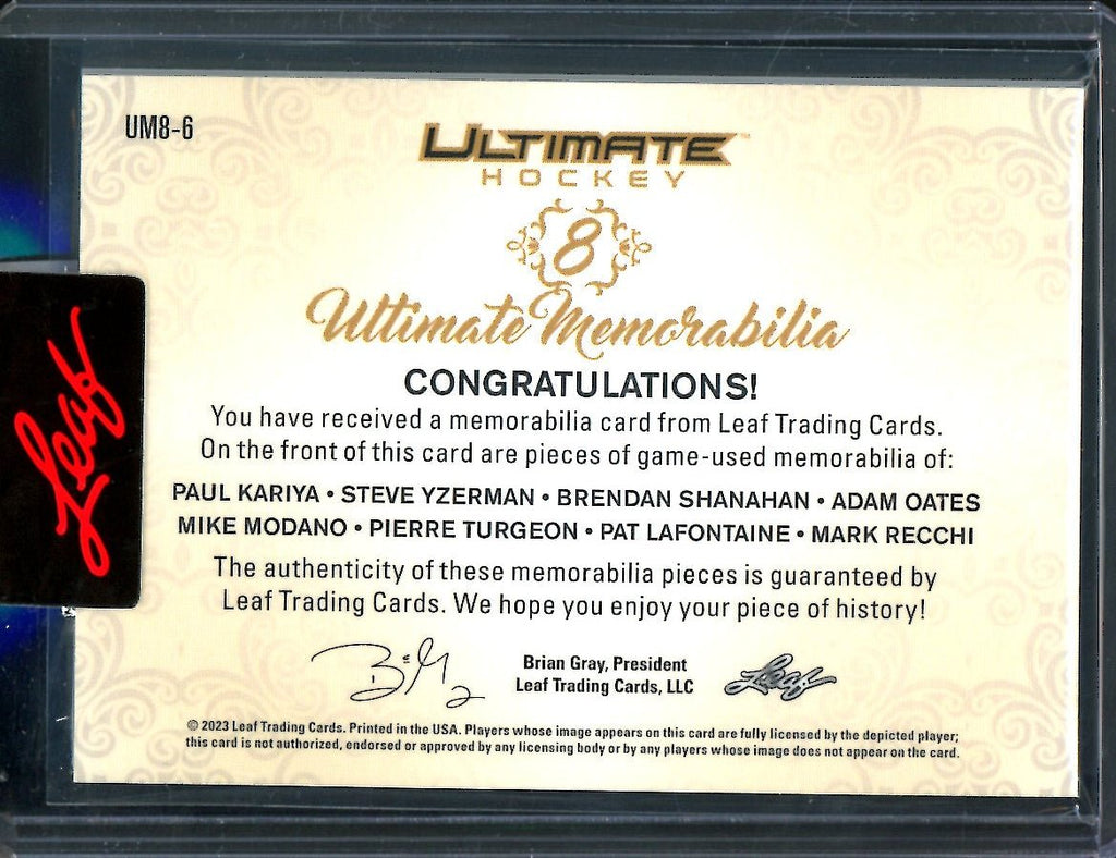 2023 Leaf Ultimate Hockey Paul Kariya/Steve Yzerman/Brendan Shanahan/Mike Modano/ Pierre Turgeon/Pat Lafontaine/Mark Recchi Ultimate Memorabilia /6