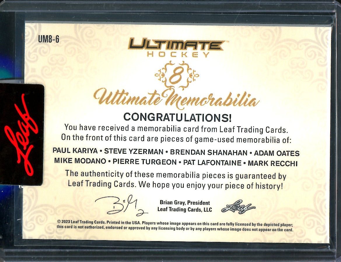 2023 Leaf Ultimate Hockey Paul Kariya/Steve Yzerman/Brendan Shanahan/Mike Modano/ Pierre Turgeon/Pat Lafontaine/Mark Recchi Ultimate Memorabilia /6