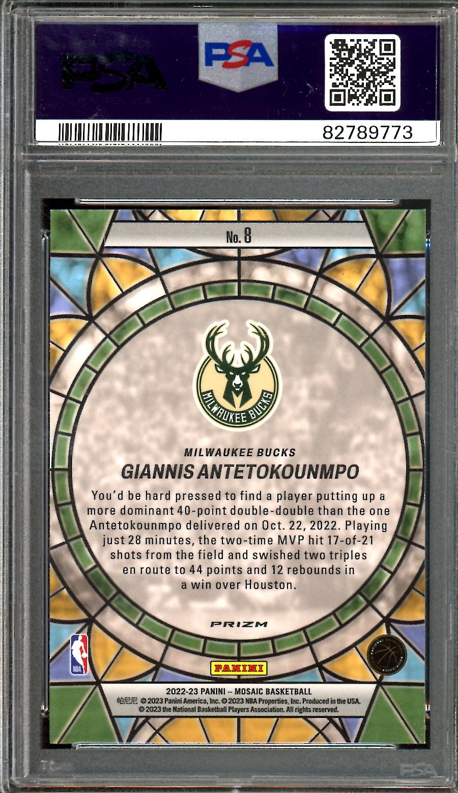 2022/23 Panini Mosaic Giannis Antetokounmpo Stained Glass SSP PSA 10 Bucks