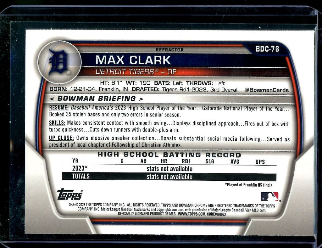 2023 Bowman Chrome Max Clark 1st Bowman Refractor Tigers