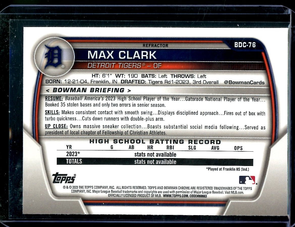 2023 Bowman Chrome Max Clark 1st Bowman Refractor Tigers