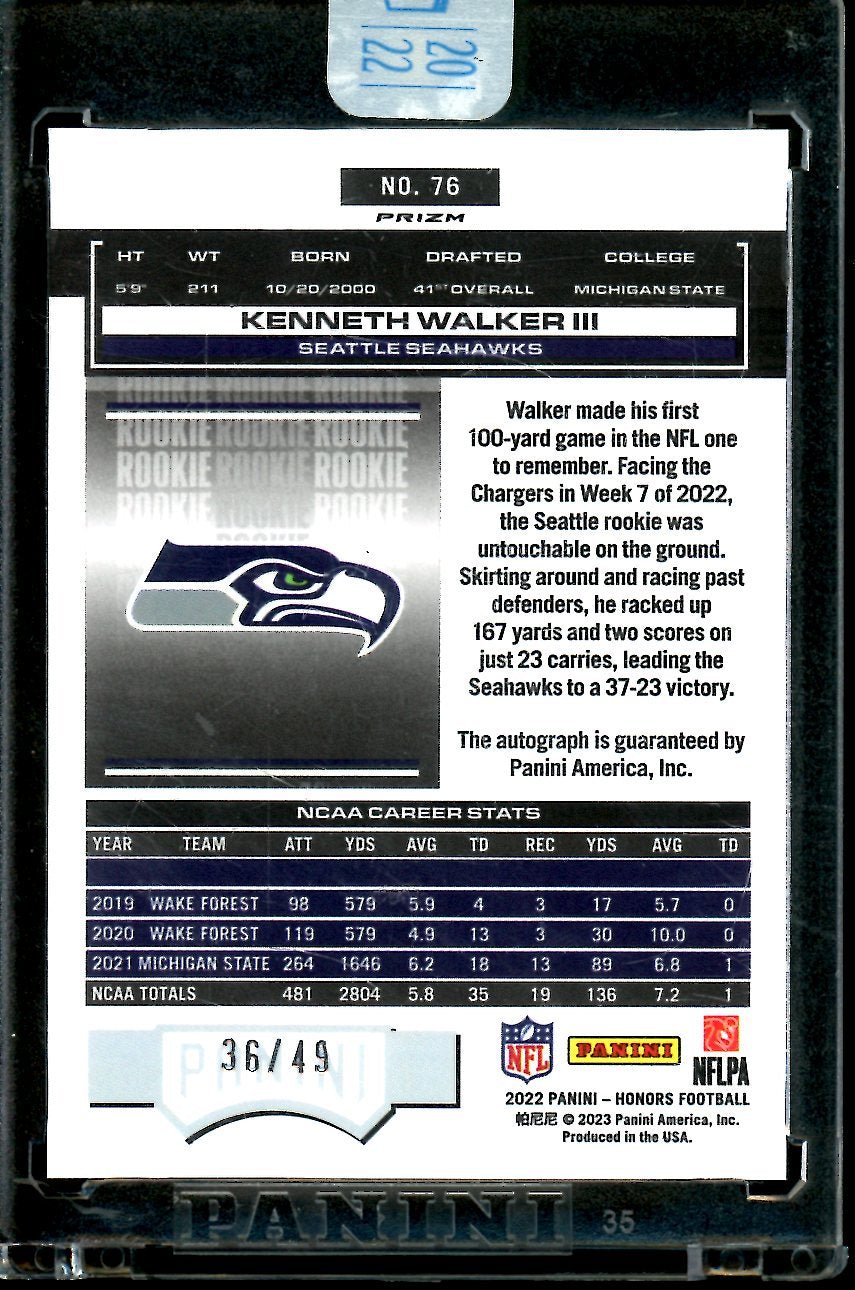 2022 Panini Honors Kenneth Walker III Rookie Auto /49 Seahawks