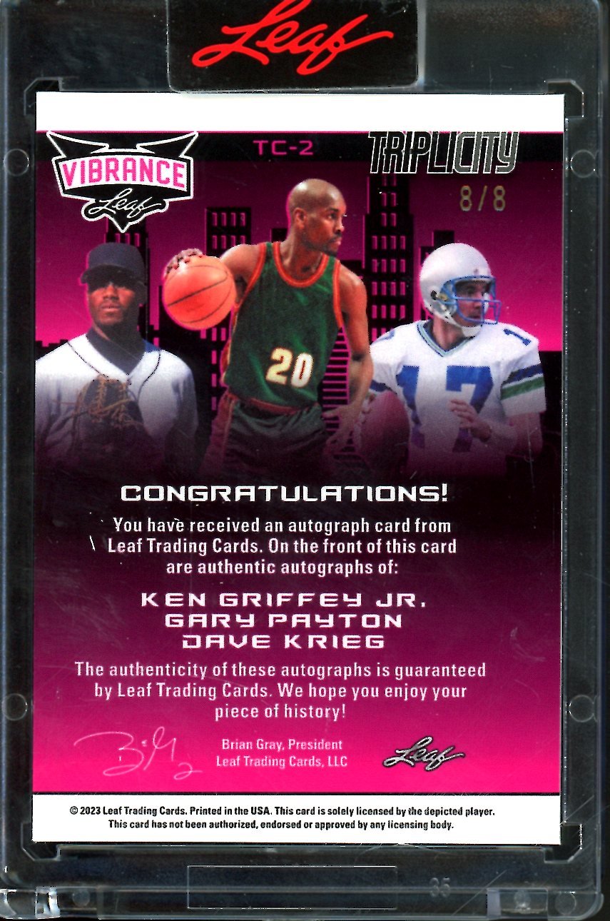 2023 Leaf Vibrance Ken Griffey Jr./Gary Payton/Dave Krieg Triplicity Auto Green /8 Seattle