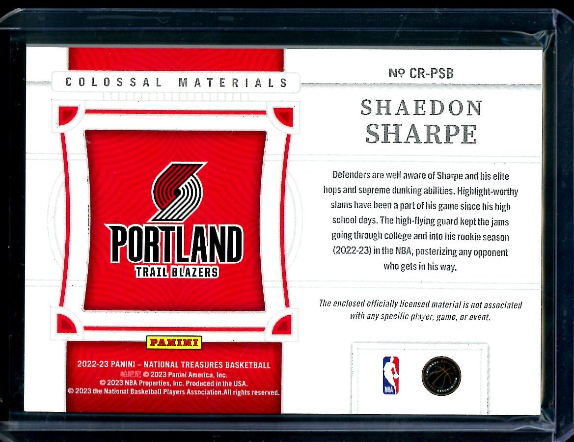 2022/23 Panini National Treasures Shaedon Sharpe Rookie Colossal Patch /99 Trail Blazers