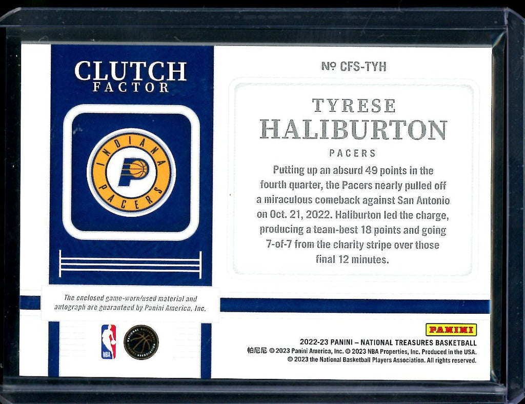 2022/23 Panini National Treasures Tyrese Haliburton Clutch Factor Patch Auto /49 Pacers