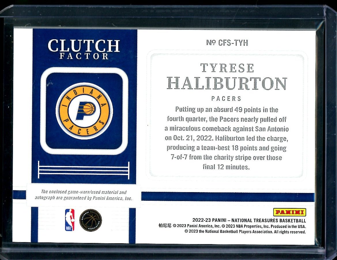2022/23 Panini National Treasures Tyrese Haliburton Clutch Factor Patch Auto /49 Pacers