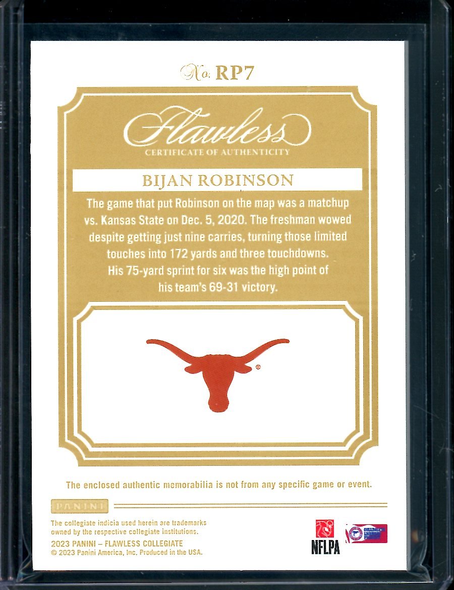 2023 Panini Flawless Collegiate Bijan Robinson Rookie Patch /25 Texas