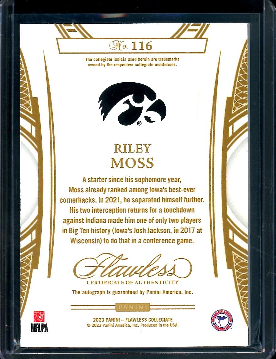 2023 Panini Flawless Collegiate Riley Moss Rookie Auto Sapphire /15 Iowa