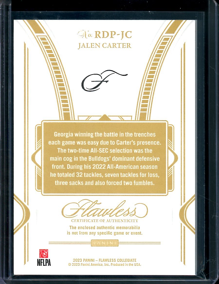2023 Panini Flawless Collegiate Jalen Carter Rookie Patch /20 Georgia