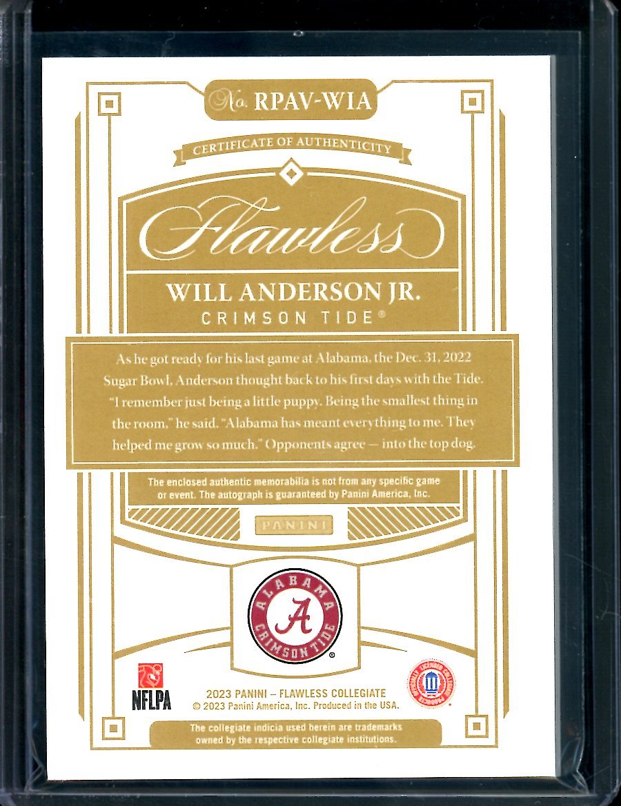 2023 Panini Flawless Collegiate Will Anderson Jr. Rookie RPA /15 Alabama