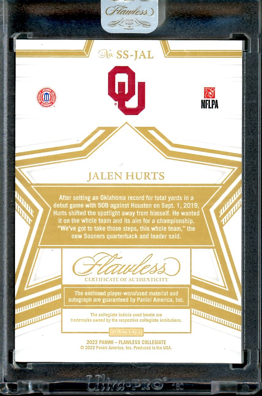 2023 Panini Flawless Collegiate Jalen Hurts Star Swatch Signatures Patch Auto /10 Oklahoma