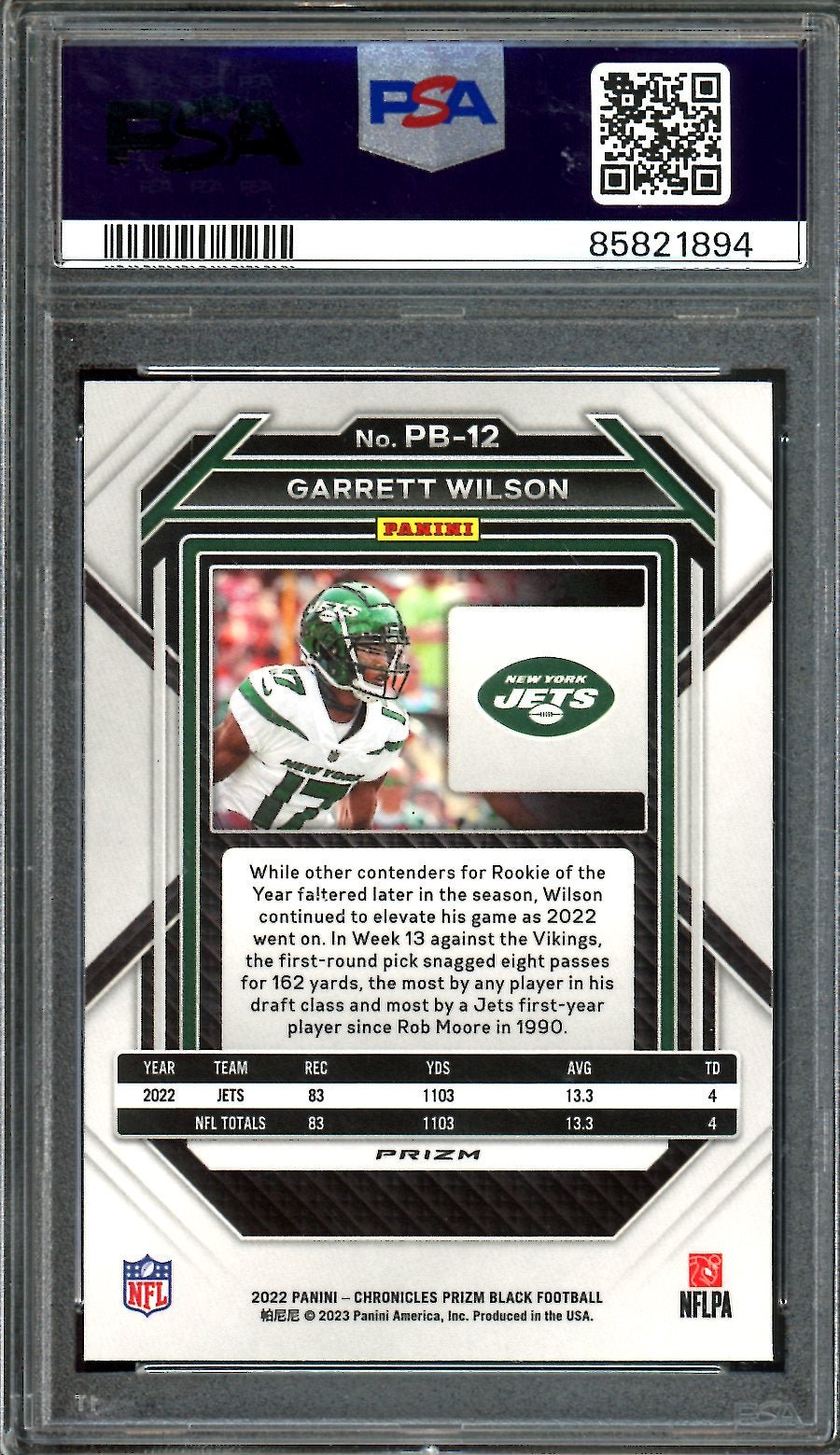 2022 Panini Chronicles Prizm Black Garrett Wilson Rookie Silver PSA 10 Jets