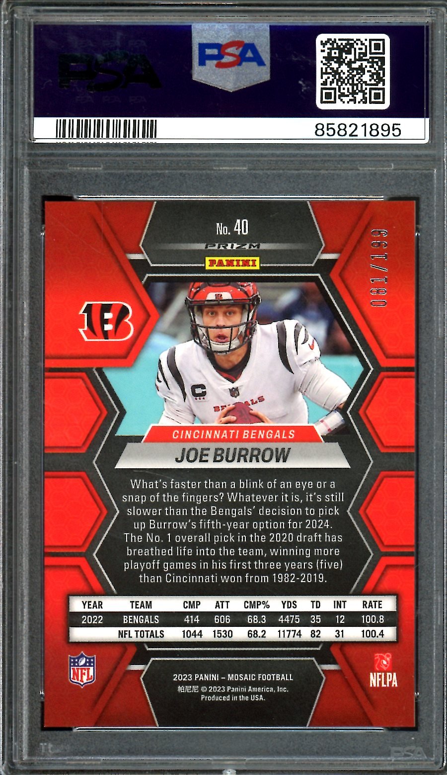 2023 Panini Mosaic Joe Burrow Orange /199 PSA 10 Bengals