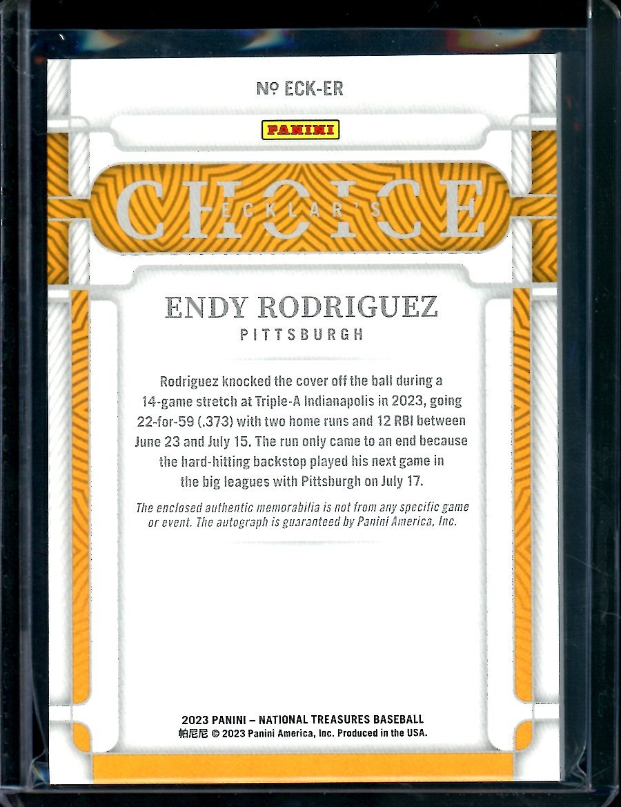 2023 Panini National Treasures Endy Rodriguez Ecklar's Choice Patch Auto /49 Pirates