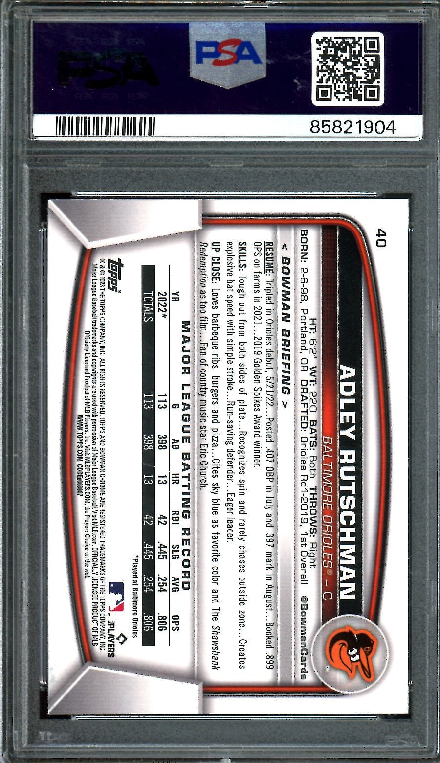 2023 Bowman Chrome Adley Rutschman Rookie Mega Box Gold /50 PSA 9 Orioles