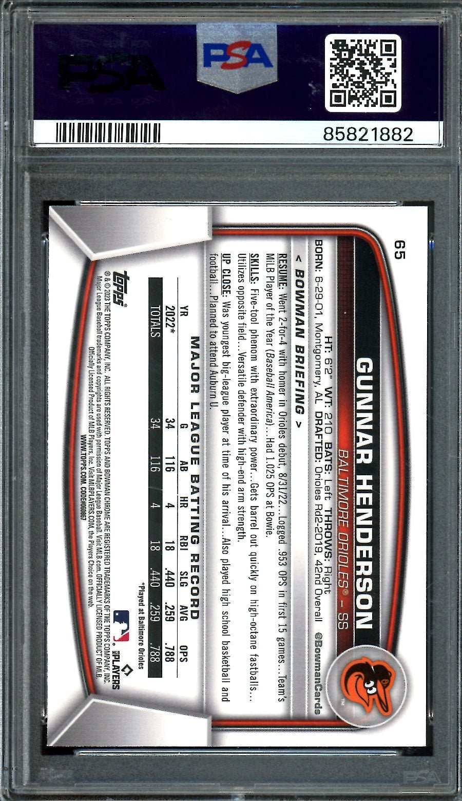 2023 Bowman Chrome Gunnar Henderson Rookie Mega Box PSA 10 Orioles