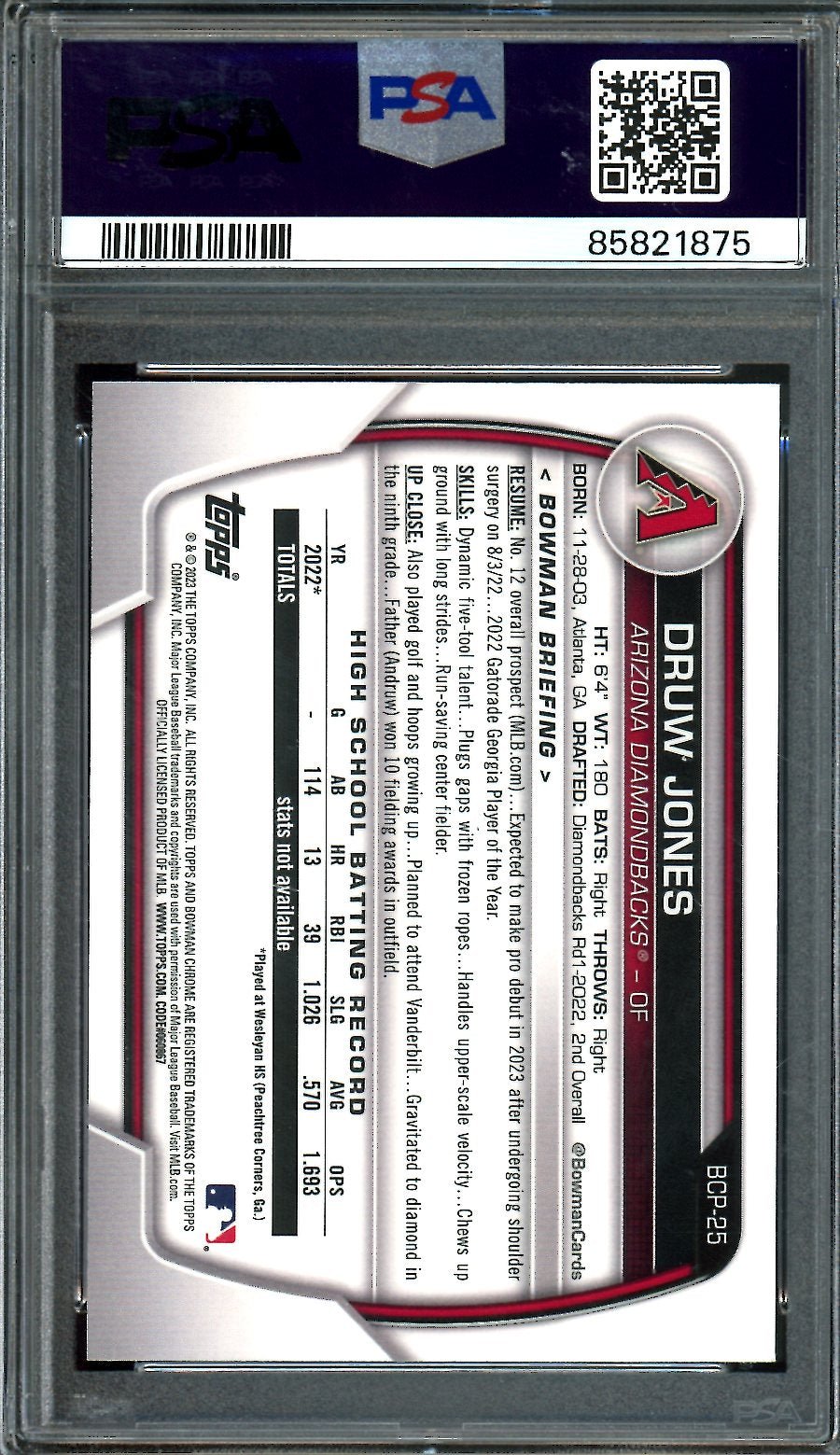 2023 Bowman Chrome Druw Jones 1st Bowman Mega Box PSA 10 Diamondbacks