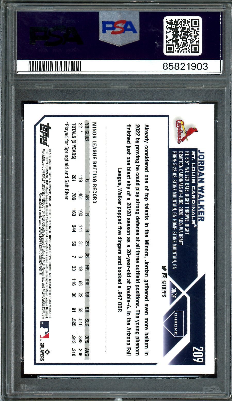 2023 Topps Chrome Jordan Walker Rookie Pink PSA 10 Cardinals