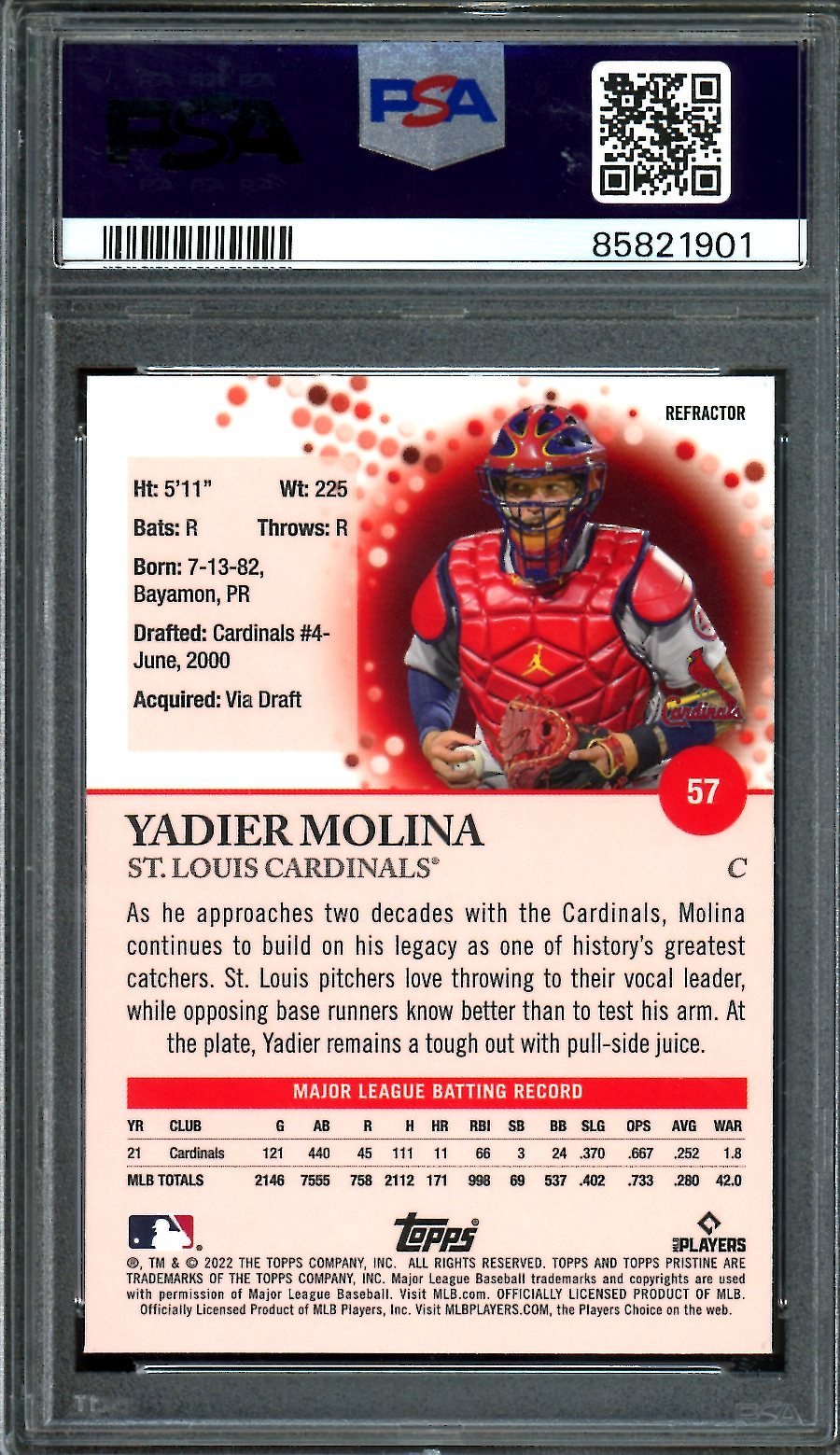 2022 Topps Pristine Yadier Molina Refractor PSA 10 Cardinals