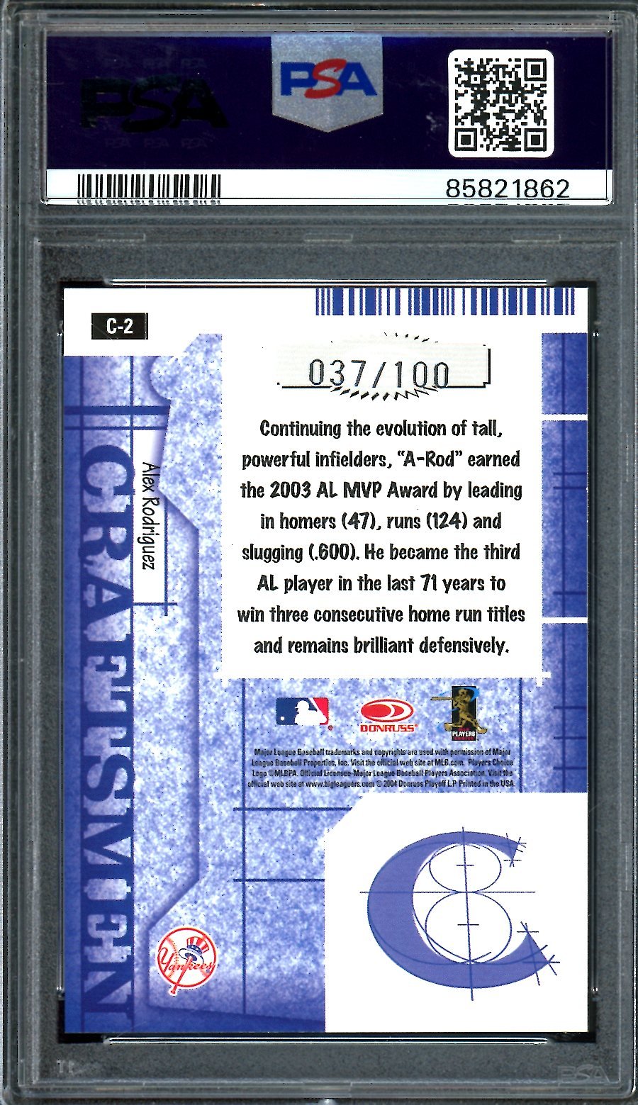 2005 Donruss Alex Rodriguez Craftsmen Black /100 PSA 10 Yankees