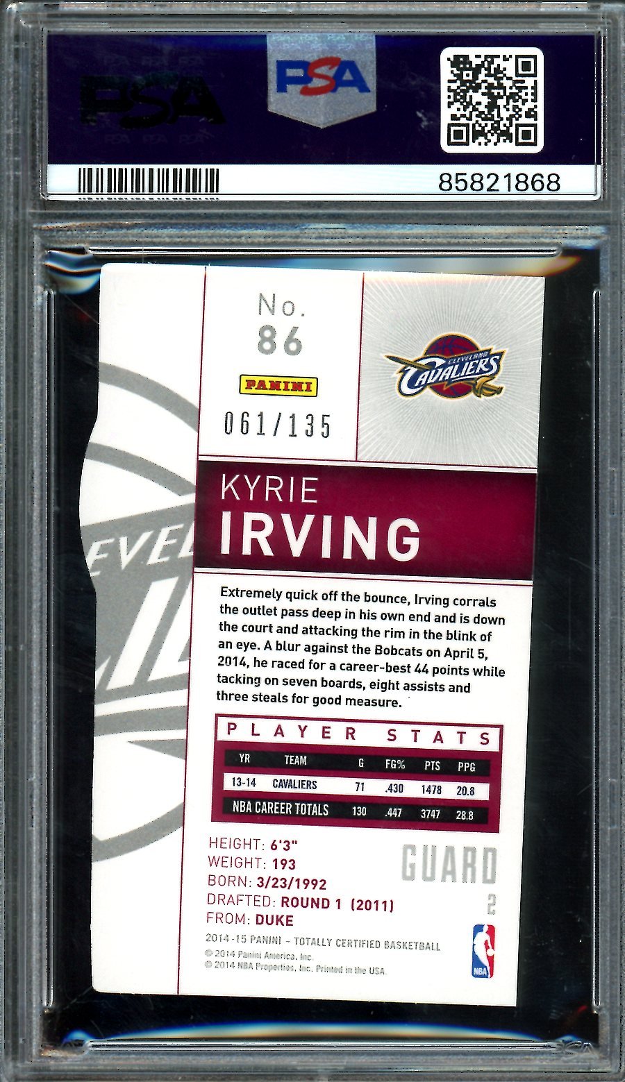 2014/15 Panini Totally Certified Kyrie Irving Mirror Red /135 PSA 8 Cavaliers