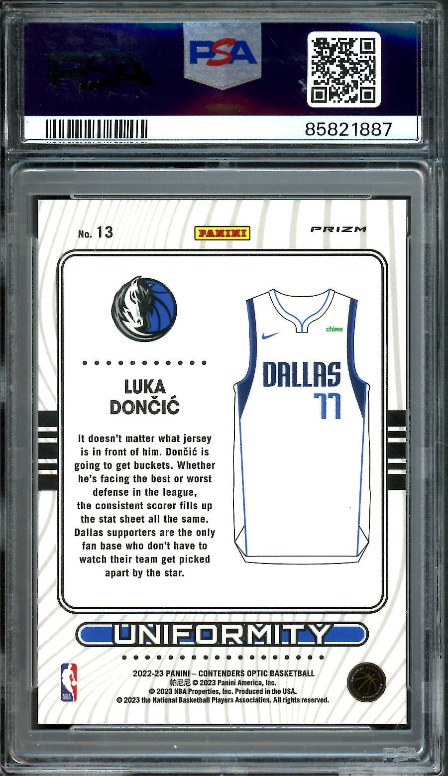2022/23 Panini Contenders Optic Luka Doncic Uniformity Red Ice PSA 10 Mavericks