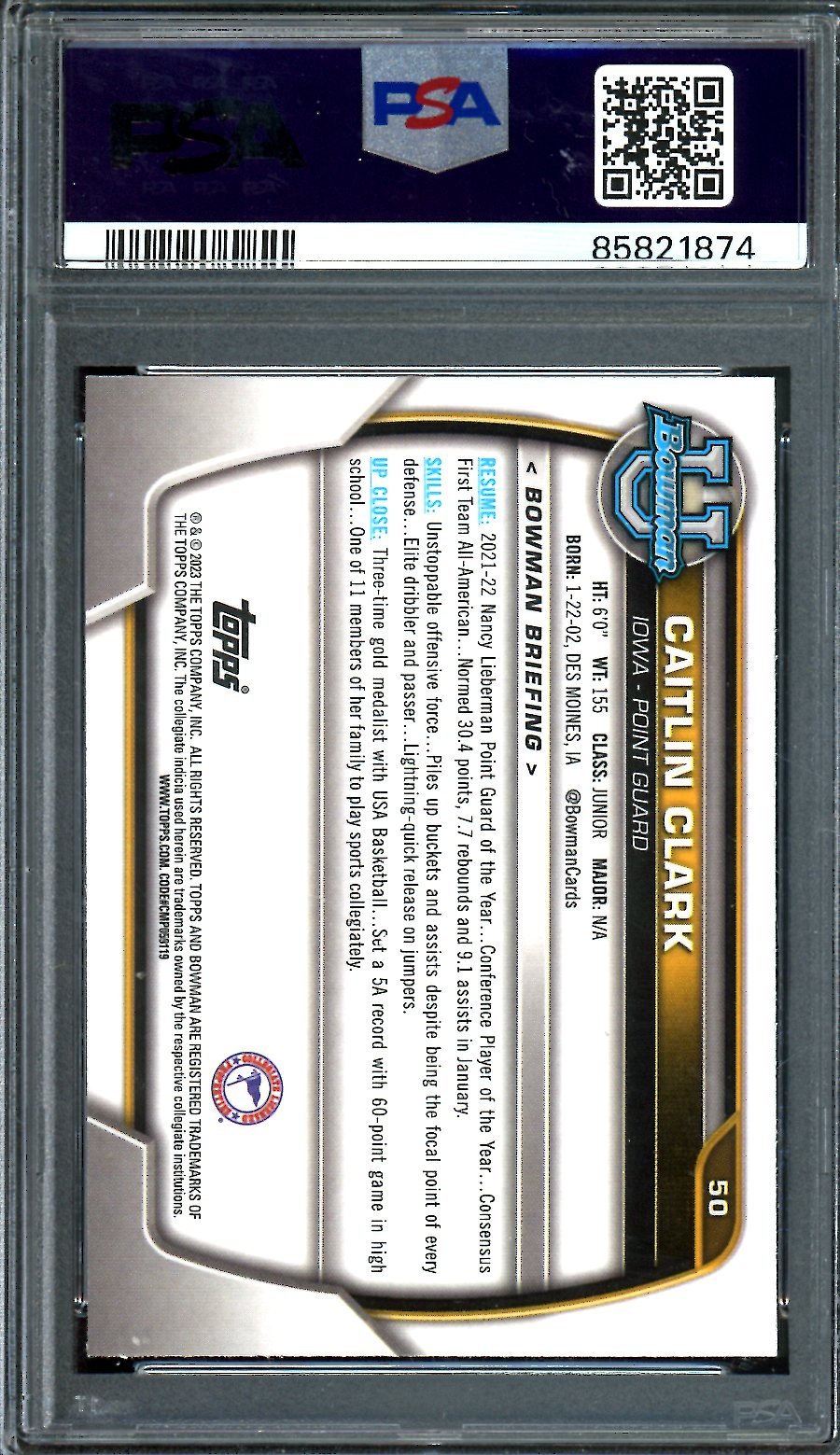 2022/23 Bowman University Caitlin Clark 1st Bowman PSA 9 Iowa