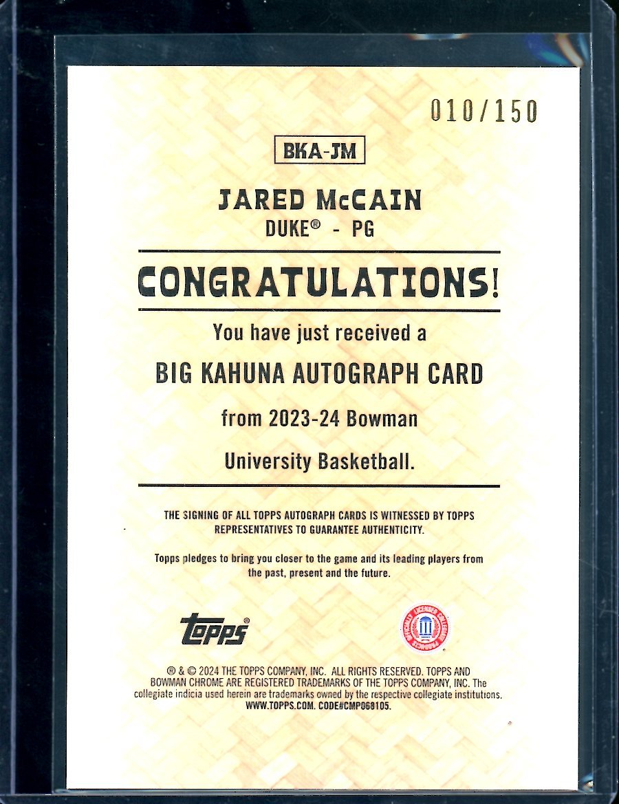 2024 Bowman Chorme University Jared McCain Big Kahuna Auto /150 Duke