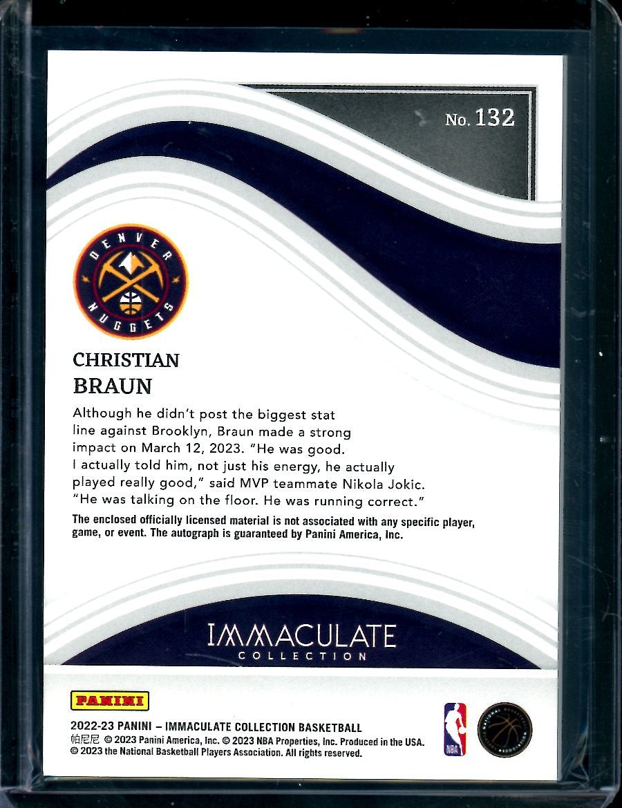 2022/23 Panini Immaculate Christian Braun Rookie RPA Red /49 Nuggets