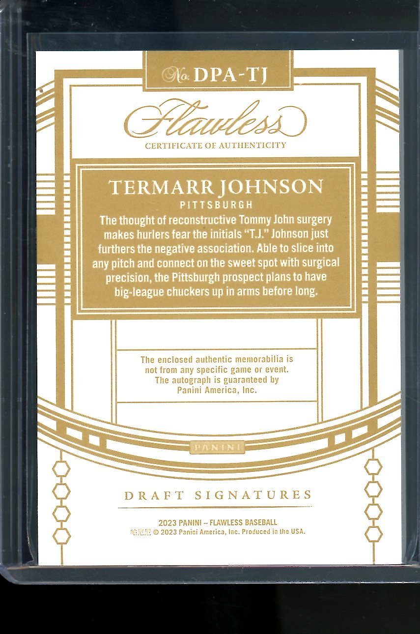 2023 Panini Flawless Termarr Johnson Patch Auto Gold /10 Pirates