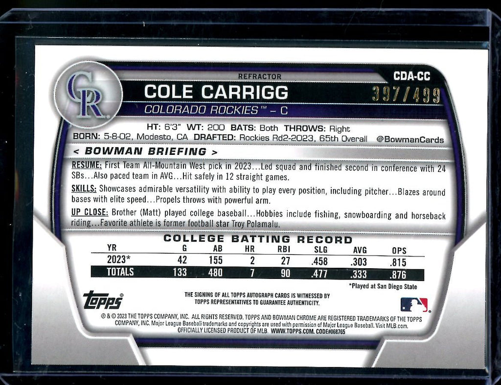 2023 Bowman Chrome Cole Carrigg 1st Bowman Refractor Auto /499 Rockies