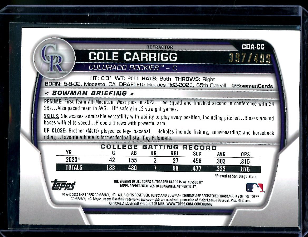 2023 Bowman Chrome Cole Carrigg 1st Bowman Refractor Auto /499 Rockies