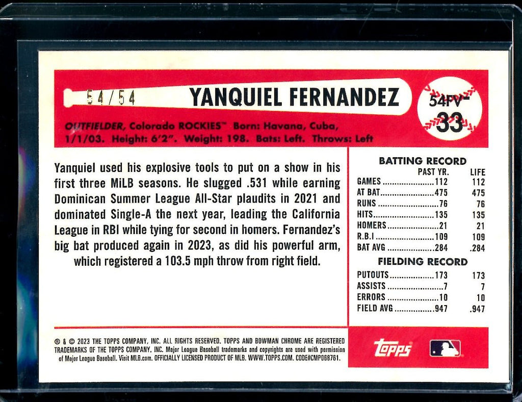 2023 Bowman Chrome Yanquiel Fernandez Flag Variation /54 Rockies
