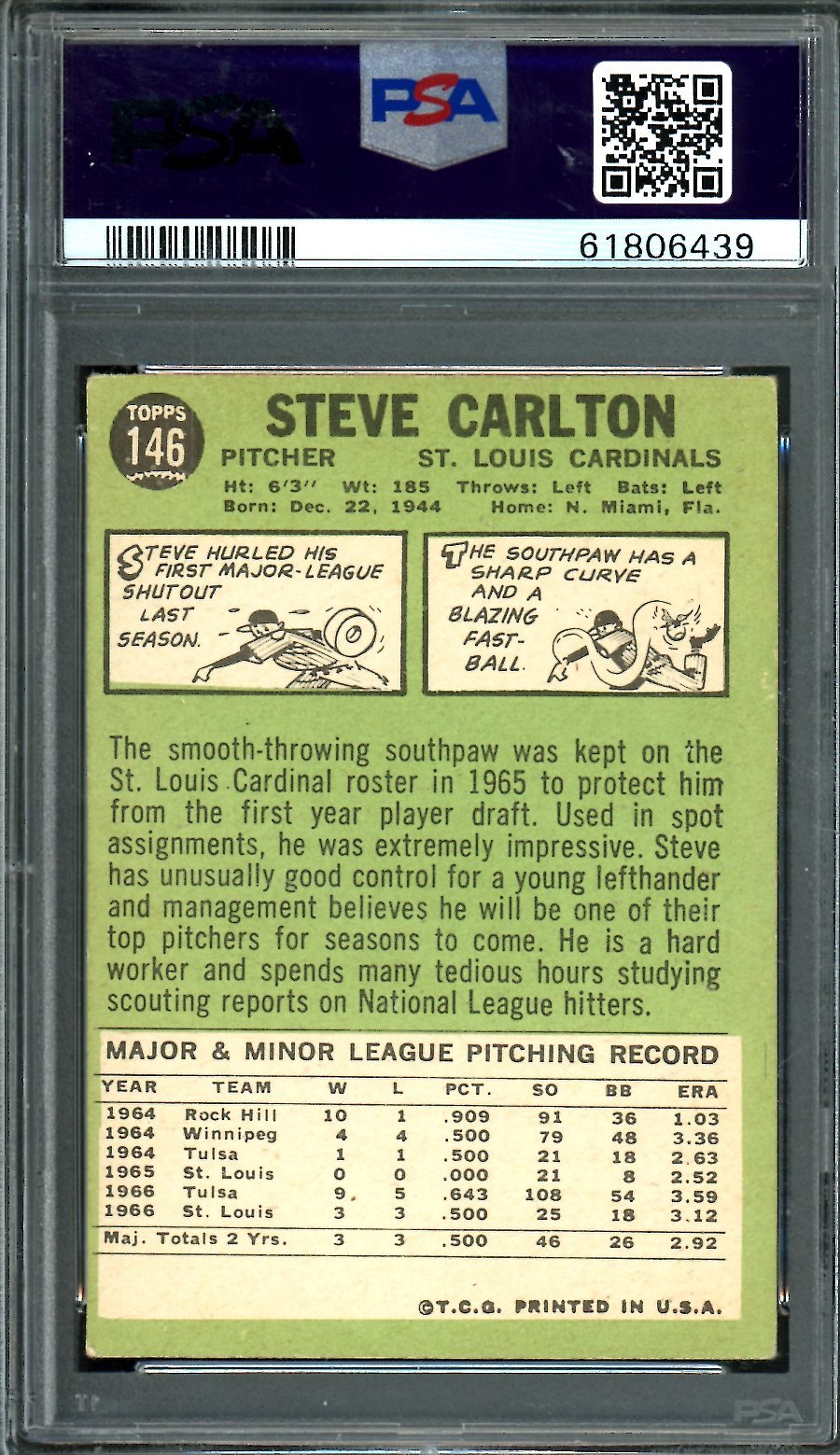 1967 Topps Steve Carlton PSA 3 Cardinals