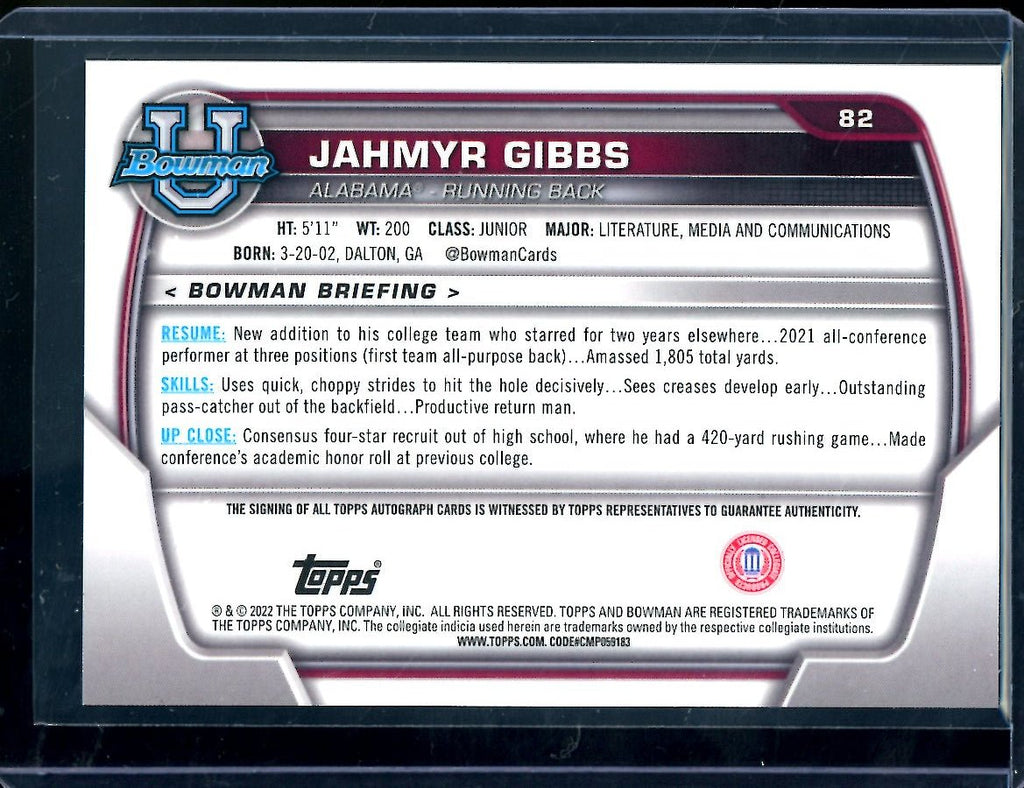 2022 Bowman Chrome University Jahmyr Gibbs 1st Bowman Auto Alabama