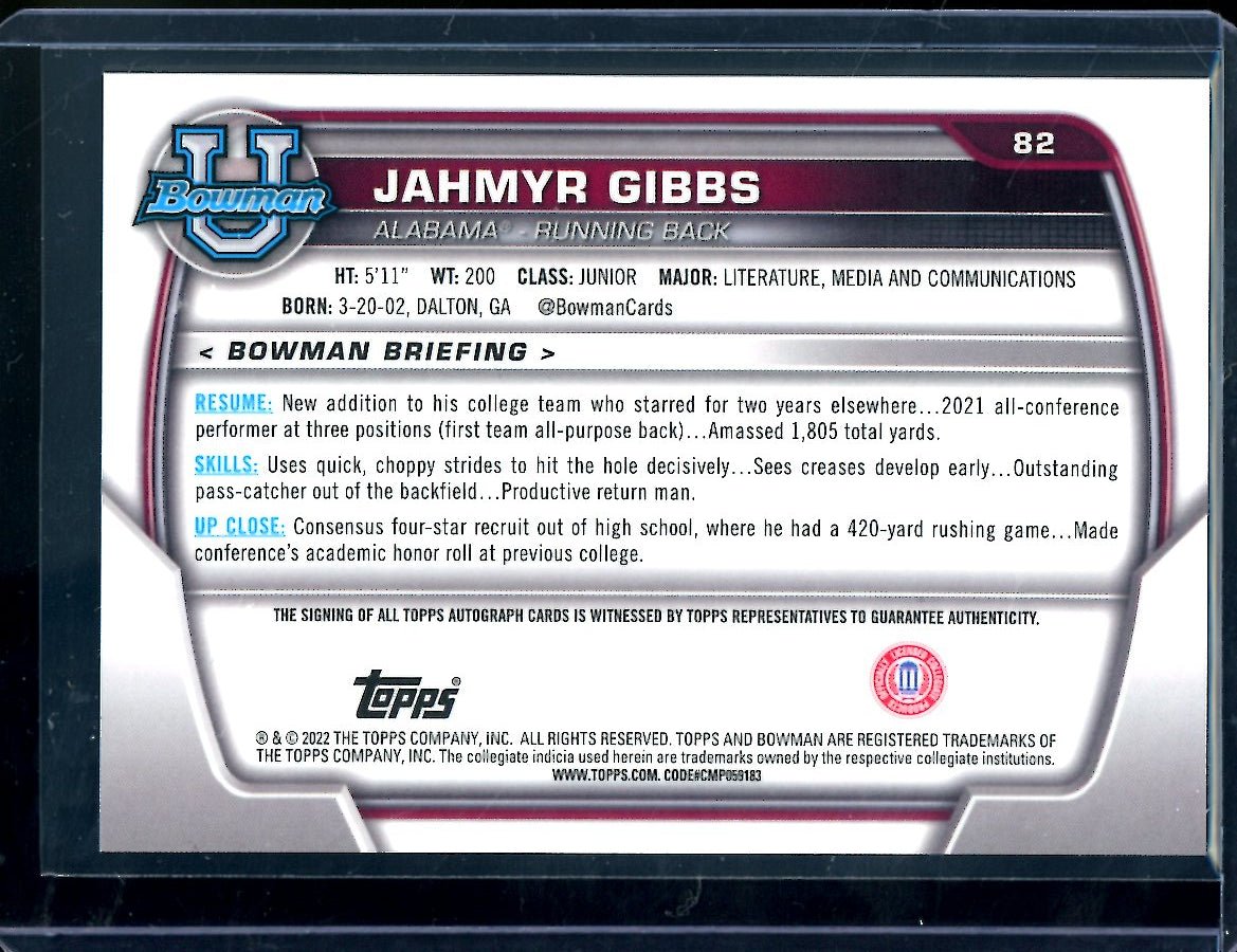 2022 Bowman Chrome University Jahmyr Gibbs 1st Bowman Auto Alabama