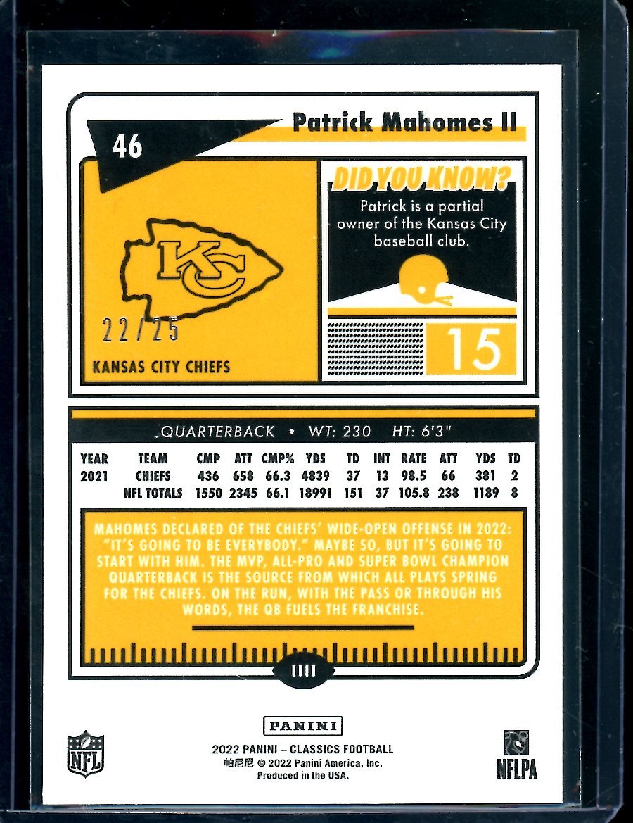 2022 Panini Classics Patrick Mahomes II Green Ice /25 Chiefs