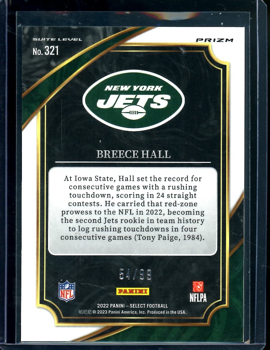 2022 Panini Select Breece Hall Rookie Blue Suite Level /99 Jets