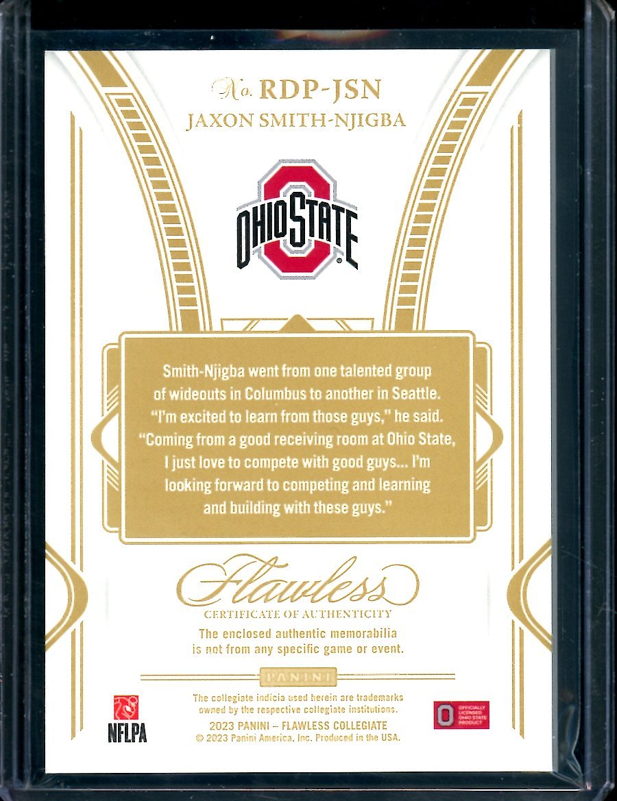 2023 Panini Flawless Collegiate Jaxon Smith-Njigba Rookie Dual Patch Gold /10 Ohio State