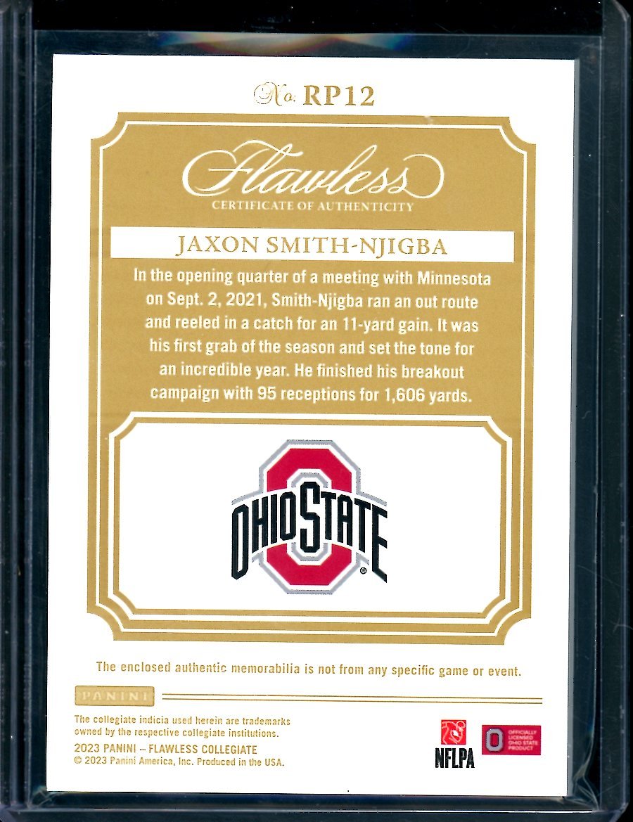 2023 Panini Flawless Collegiate Jaxon Smith-Njigba Rookie Patch Ruby /20 Ohio State