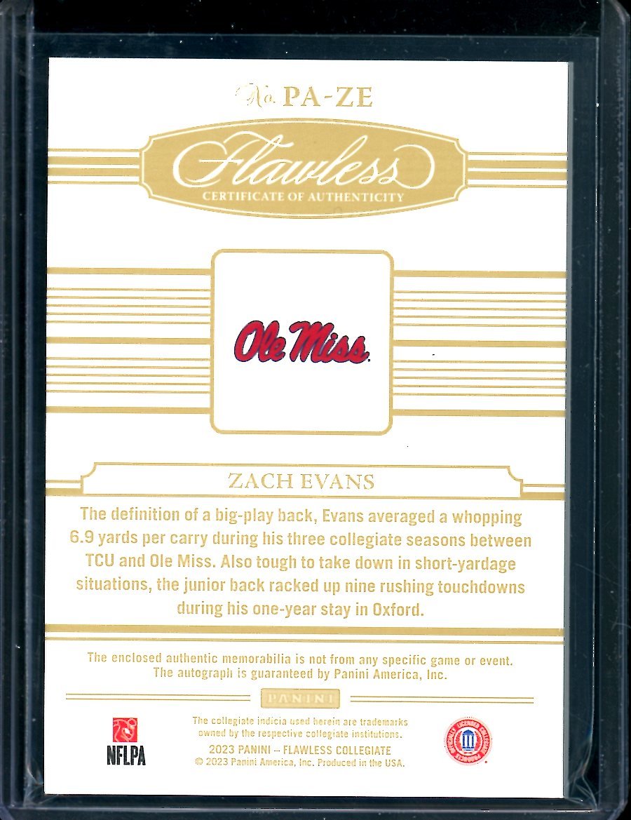 2023 Panini Flawless Collegiate Zach Evans Rookie RPA Gold /10 Ole Miss