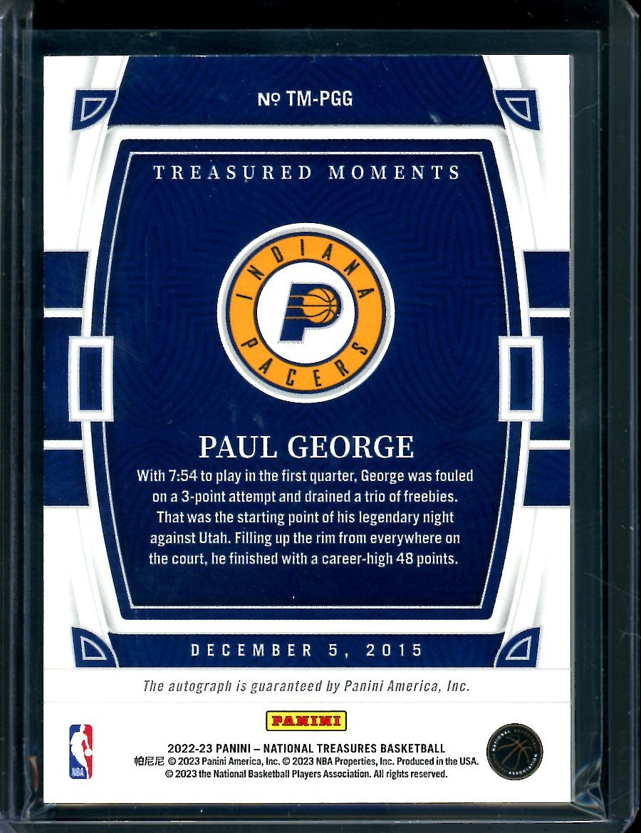 2022/23 Panini National Treasures Paul George Treasured Moments Auto /25 Pacers